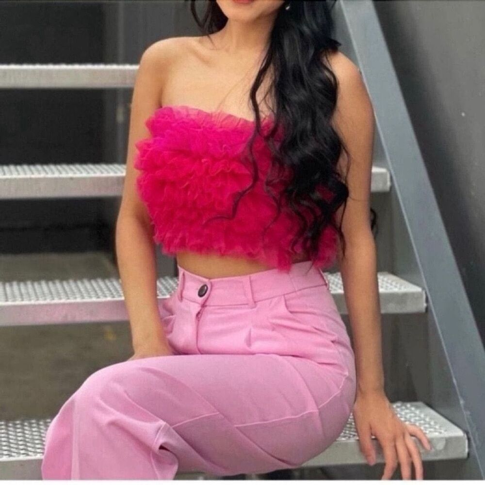 NEW  Pink Fuchsia Tulle Strapless Knit Top Tank Size XS
